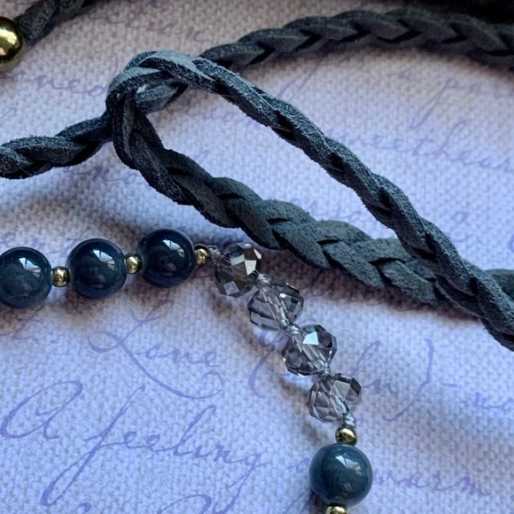 Gray Leather Boho Hippie Crystal & Stone Beaded Tassel Necklace Woman’s Jewelry - Picture 8 of 9